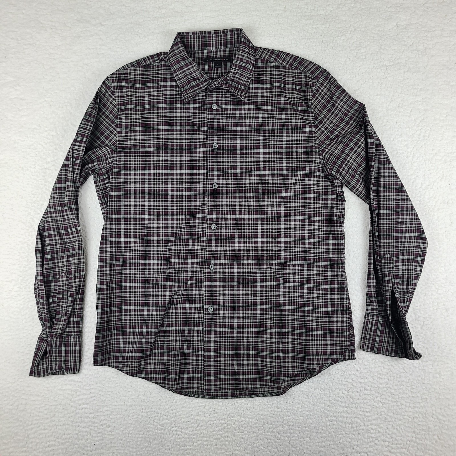 John Varvatos Shirt Mens Large Black Purple Plaid Multi Color Dress Button Up